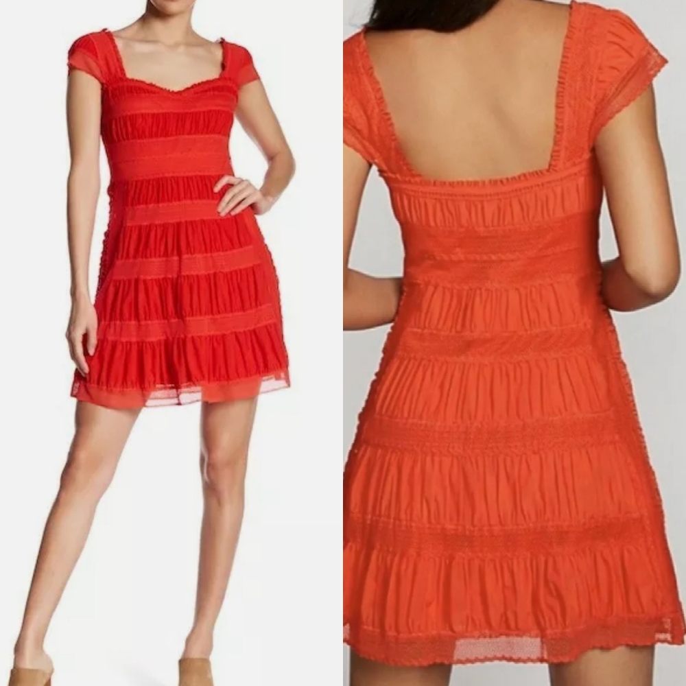 NWT NEW Free People SZ 2 Red Alicia Lace Mini Dress Romantic Cap Sleeves$250